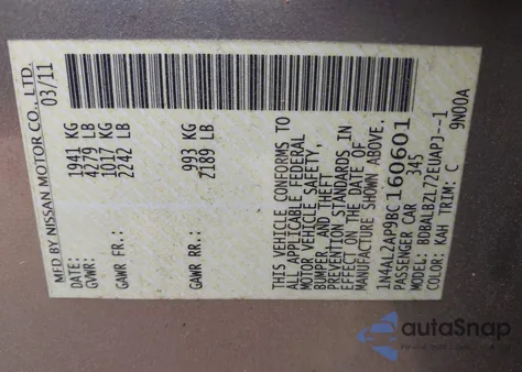 2011 Nissan Altima 2.5 S z USA, uszkodzony, nr VIN 1N4AL2AP9BC160601